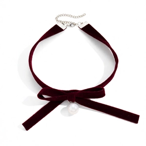 Elegant burgundy velvet choker with bow design and white pearl pendant for women