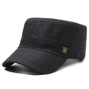 Men's charcoal grey flat top military cap with gold metal side detail and twill fabric