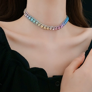Detail of gradient rainbow gemstone necklace worn on neck for a luxury choker style