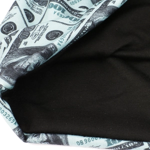 Detail view of double-layer knit beanie with dollar bill print and black inner lining