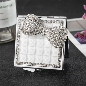 Portable Makeup Mirror Square Metal Folding Pocket Compact Rhinestone Bow Sparkling Elegant Travel Cosmetic Vanity Tool