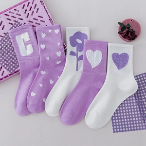 5-pack cotton crew socks in purple and white featuring heart and flower patterns
