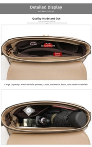Detail view of khaki pebbled leather shoulder bag internal pockets and storage space