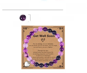 Detail of 8mm purple striped agate bracelet with heart pendant and Get Well Soon card