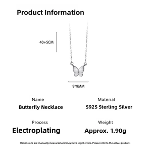 Detail view of S925 sterling silver butterfly pendant with 40 plus 5cm chain dimensions