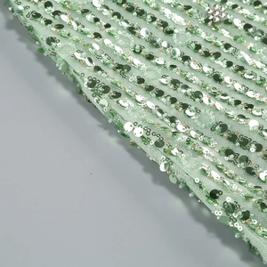 Close-up of light green sequin mesh fabric showing detailed texture and circular sequins