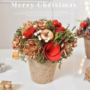 Christmas Tabletop Potted Ornament With Pinecone Berry And Linen Base Rustic Holiday Home Desktop Decor Gift