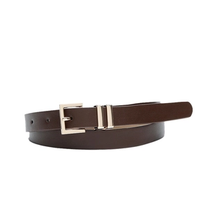 Minimalist dark brown leather belt with elegant golden rectangular pin buckle for women