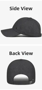 Detail view of dark grey baseball cap with side metal M logo and adjustable sport back buckle