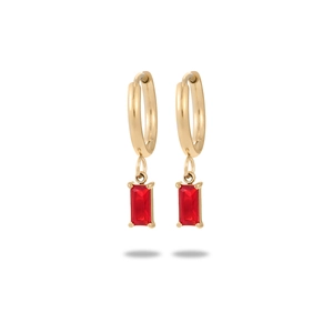 Gold stainless steel hoop earrings with rectangular red zircon drop pendants in 4-prong setting
