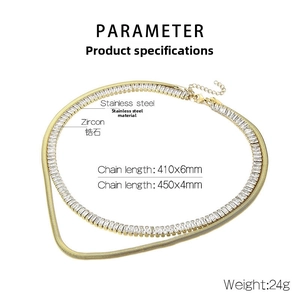 Detail of gold double-layer necklace set with flat snake chain and zircon tennis chain
