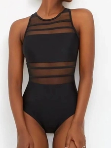 Women One Piece Swimsuit Mesh Patchwork High Neck Halter Backless Sexy High Cut Tummy Control Slimming Solid Color