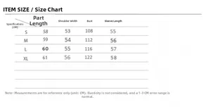 Detailed size chart for women's faux fur coat including chest and sleeve measurements