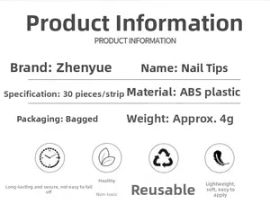 Infographic showing ABS nail art patches specs: 30 pieces, 4g weight, and durable material