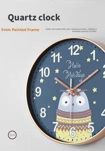 Detail of quartz wall clock showing 5mm painted rose gold bezel and owl illustration