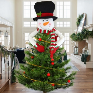 Plush snowman head Christmas tree topper with top hat and scarf holiday decor