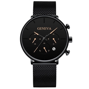 Detail of all-black quartz watch showing mesh strap, date window and Geneva dial