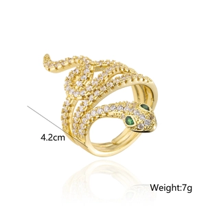 Luxurious gold snake ring with sparkling AAA cubic zirconia and green rhinestone eyes