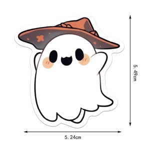 Cartoon ghost sticker with wizard hat showing dimensions of 5.49cm by 5.24cm