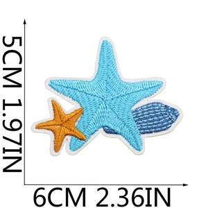 Macro view of blue and orange starfish embroidery patches showing scale and fine stitching