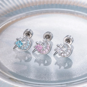 Star Moon Ear Cartilage Stud Stainless Steel Copper Zircon Inlaid Piercing Earring Dainty Unisex Jewelry