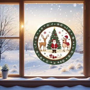 Statische Weihnachtsfensterbilder mit Weihnachtsmann und Rentier vor Winterlandschaft