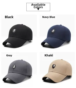 Detail view of baseball caps in black, navy, grey and khaki with metal shield logo
