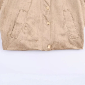 Women's khaki faux suede jacket featuring a stand collar and gold metal snap buttons