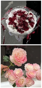 Dettaglio di rose natalizie fai da te con effetto ghiaccio alla fragola e neve artificiale