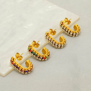 Stainless Steel 18K Gold Plated C-Shaped Hoop Earrings With Colorful White Rhinestones Geometric Retro Fashion For Women