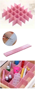 Pink DIY drawer dividers with adjustable plastic grid strips for closet organization