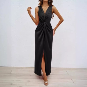 Elegant black sleeveless V-neck maxi dress with twist knot detail and side slit
