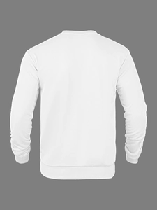 Detailed back view of white crewneck sweatshirt showing ribbed hem and sleeve cuffs