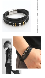 Detail eines mehrlagigen Lederarmbands mit Edelstahl für Herren am Handgelenk