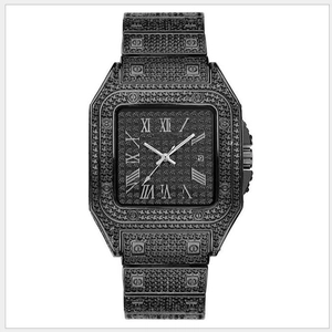 Detail of luxury square quartz watch featuring black rhinestones and Roman numerals