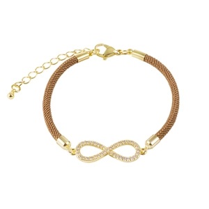 Detail of infinity charm with white zircons on brown woven bracelet with lobster clasp