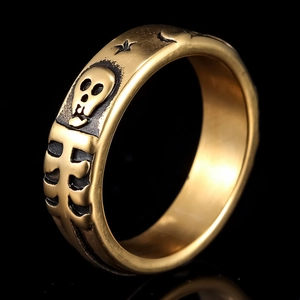 Vintage punk skull and star moon relief ring in distressed gold finish for men