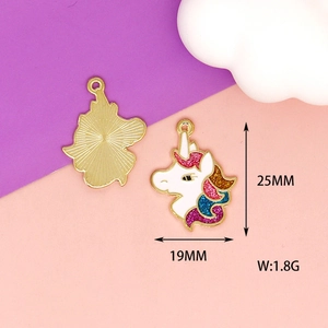 Detailed view of enamel unicorn charm with dimensions 25mm x 19mm and 1.8g weight