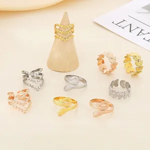 Fashion 18K Gold Plated Stainless Steel Adjustable Open Leaf Snake Beaded V Shape Finger Rings For Women