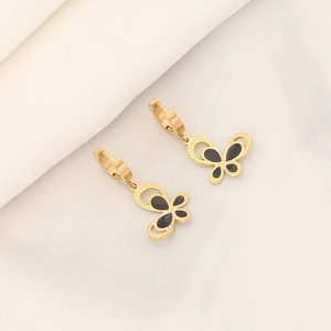 Fashionable butterfly stainless steel jewelry set with golden earrings and black inlay