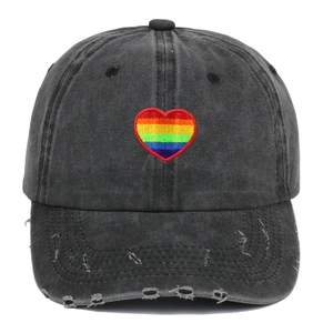 Washed dark gray cotton baseball cap with rainbow heart embroidery and distressed brim
