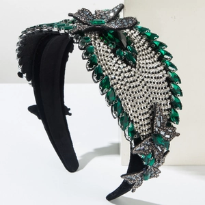 Velvet headband with 3D butterfly design and emerald crystals for parties