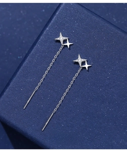 Detailed macro of S925 sterling silver four-pointed star threader earrings with zircons