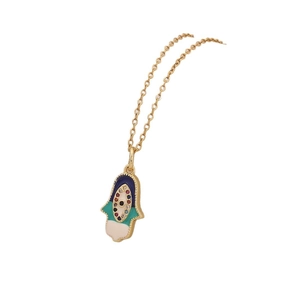Gold Hamsa Hand necklace with colorful evil eye enamel pendant on white background