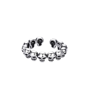 Vintage silver gothic skull ring with adjustable open band and retro oxidized metal finish