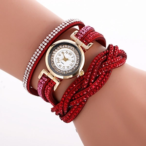 Red multi-layer wrap bracelet watch for women featuring sparkling rhinestones and gold dial