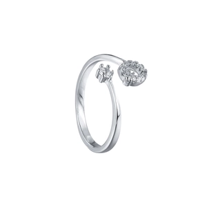 Adjustable silver minimalist ring featuring a single zircon and a pavé set circle design