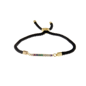 Adjustable black Milan rope bracelet with gold bar and rainbow cubic zirconia inlay
