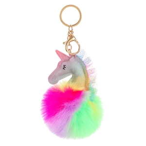 Rainbow plush unicorn pom pom keychain with glittery horn and gold-tone metal hook