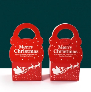Elegant red Christmas gift boxes with handles and white Merry Christmas greeting prints